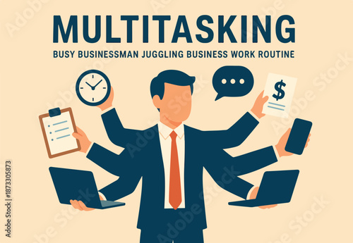 Multitasking working with multiple tasks or job at the same time, busy work, productivity or efficiency overload or overworked concept, busy businessman multitask juggling business work routine.