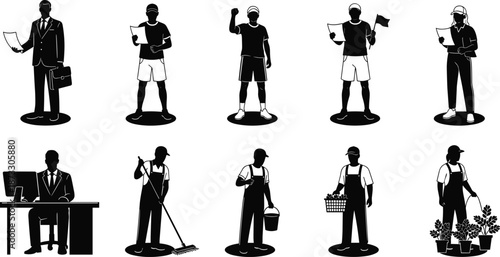 Set of black silhouette professional and casual people icons featuring business workers, laborers, and gardeners isolated on white background for infographics,