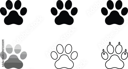 Standardized animal paw print icon set featuring diverse styles, including solid black silhouettes, grayscale gradients, and minimalist line-art outlines for wildlife and pet-related vector design.