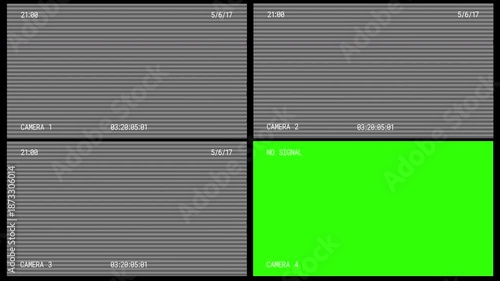 Four way split CCTV camera screen overlay animation. 4k video.
