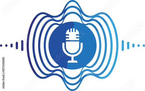Modern blue gradient icon featuring a circular microphone silhouette centered within dynamic radiating sound waves for podcasting, voice recognition, and audio interface vector design.