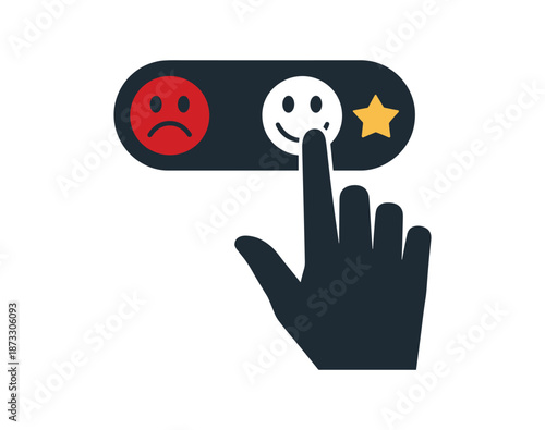 Dark hand cursor selecting happy face from sad face and star choose.