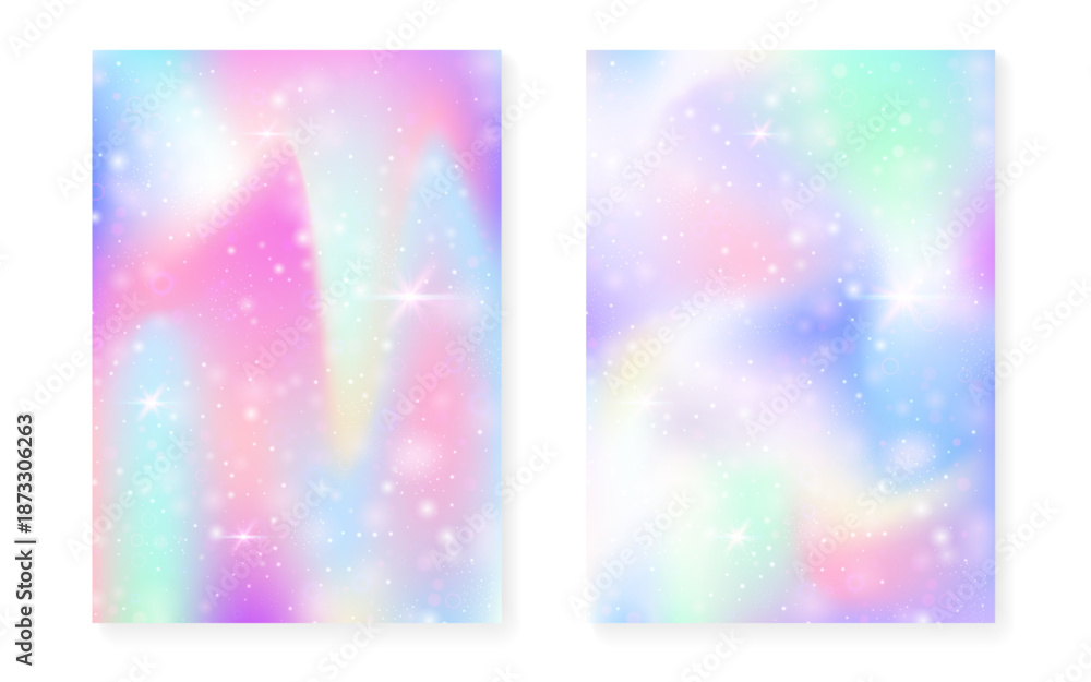 Fototapeta premium Rainbow background with kawaii princess gradient. Magic unicorn hologram. Holographic fairy set. Creative fantasy cover. Rainbow background with sparkles and stars for cute girl party invitation.
