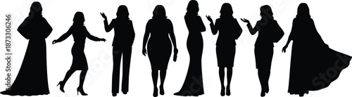 Silhouettes of women in diverse fashion poses and outfits for style, elegance, character design, and vector illustration content