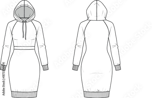 Technical fashion flat sketch of women long zip up hoodie dress featuring kangaroo pocket ribbed cuffs and ankle length silhouette,