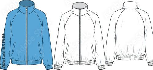 Technical fashion illustration of a zip up track jacket shown in front back and side views for apparel design templates,