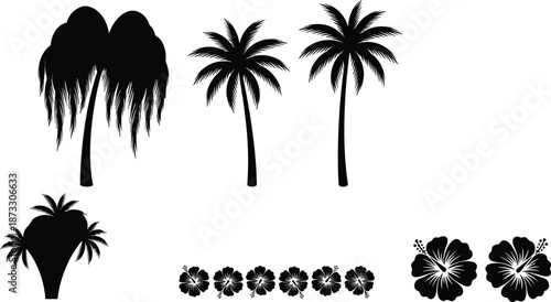 Silhouettes of tropical palm trees and hibiscus flowers arranged in decorative layout for summer, beach, vacation, and island vector design