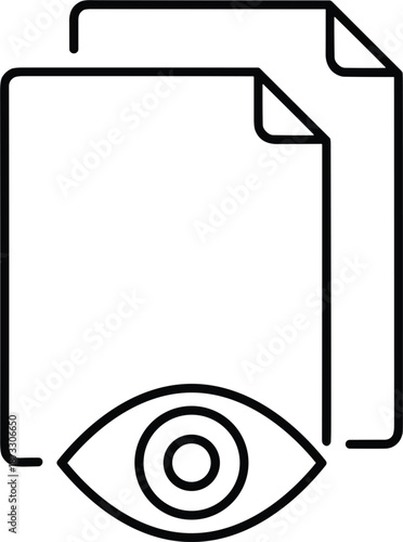 Minimalist line-art icon set featuring layered PDF document silhouettes with an eye symbol for file preview, visibility, and document review vector design.