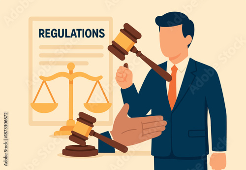 Regulations, law or rules, authority, legislation or government lawsuit, legal document justice or courthouse, verdict or punishment concept, businessman hold gavel with scale and regulation document