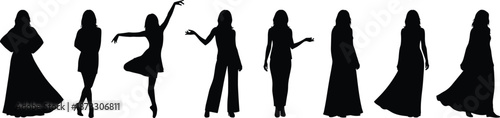 Silhouettes of person in various fashion outfits and expressive poses for style, movement, character design, and vector illustration content