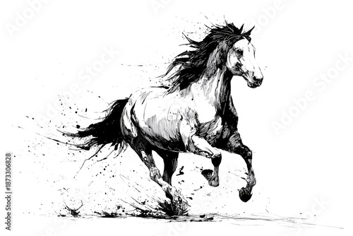 Dynamic black and white running horse illustration splash ink art motion energy