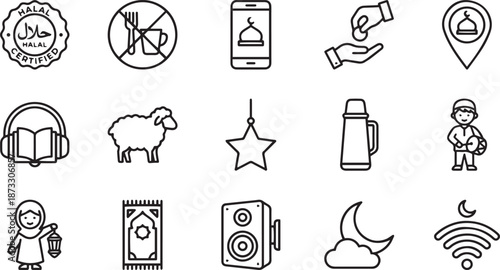 Ramadan and islamic icon set collection with linear style featuring religious symbols like mosque crescent moon prayer mat lantern dates and communal dinner for eid celebration and holy month fasting