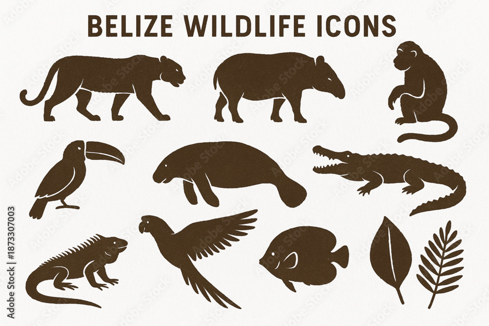 Fototapeta premium Belize wildlife vector silhouettes with distressed torn texture on white background
