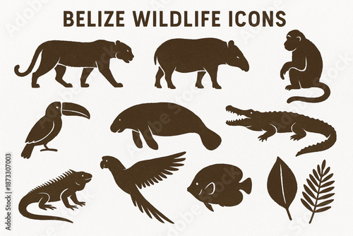 Belize wildlife vector silhouettes with distressed torn texture on white background