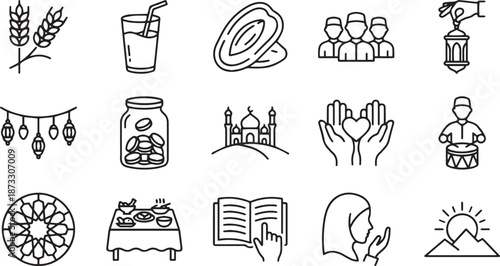 Ramadan activities and community icon set with people gathering praying reading quran and eating together along with symbols of charity growth nature and festive decorations in minimalist outline styl