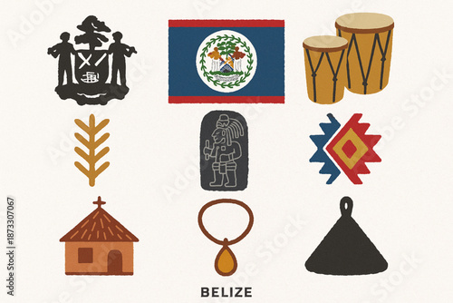 Belize cultural icon vector set with coat of arms flag drums Garifuna Maya stela textiles Creole and jewelry