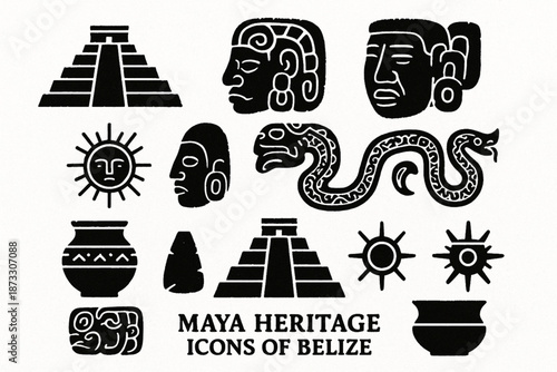 Belize Maya heritage vector silhouettes with torn textured style on white background