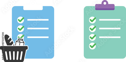 Colorful grocery and shopping checklist icons featuring a light blue clipboard with a food basket and a mint green clipboard with a purple clip for lifestyle and consumer vector design.