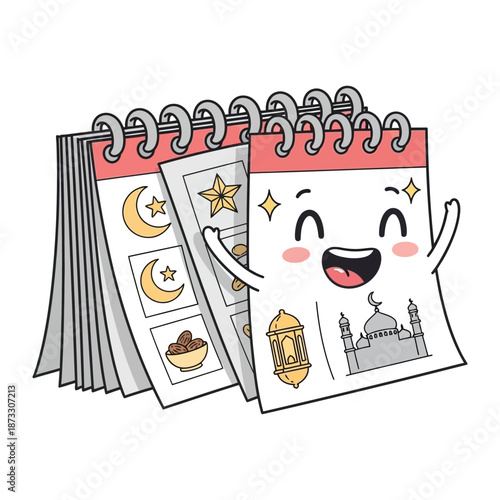 Cute Calendar Illustration: A cheerful cartoon calendar, featuring a collection of delightful Islamic symbols, radiating joy and anticipation with each turned page.