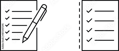 Minimalist line-art checklist icons featuring a document with a ballpoint pen and a perforated list for administrative, task, and project management vector design.