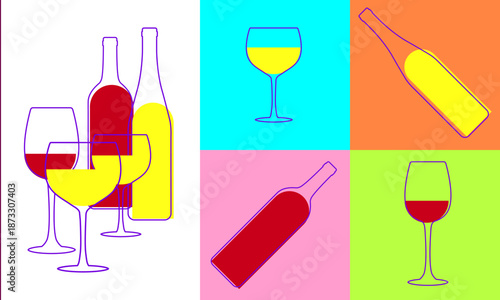 Colorful wine bottles and glasses composition in flat design