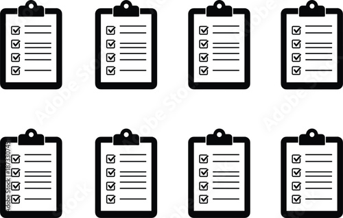 Professional set of eight minimalist clipboard silhouettes featuring uniform checklists and checked boxes for business administration and task management vector design.