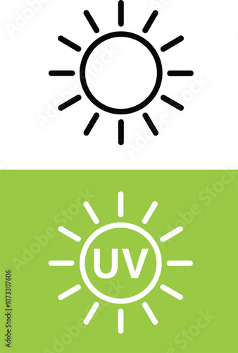 Minimalist line-art sun icon and UV radiation warning symbol on a green background for weather, climate, and skincare vector design.