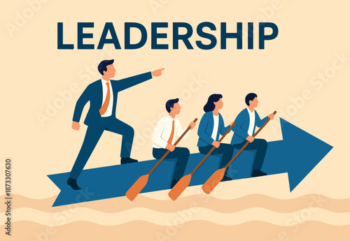 Leadership to lead team to the right direction, employee teamwork to help success, manager to motivate team or company to move forward concept, businessman manager lead people teamwork sailing arrow.