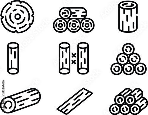 Wood Log and Timber Icons Set in Outline Style Showing Lumber, Firewood, Forestry Materials and Wood Processing Symbols