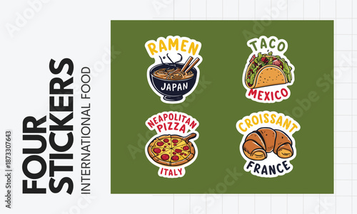Delicious International Food Stickers Featuring Ramen, Tacos, Pizza, Croissants