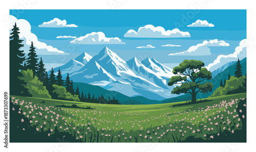 Lush green meadow with pink wildflowers and snow capped mountains under blue sky.