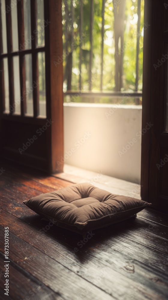 Fototapeta premium yoga. A meditation cushion on a wooden floor, bathed in peaceful morning light with a shallow focus. wellbeing guides, coaching materials, designed for coaching and self-improvement content. 