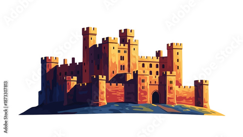 A majestic medieval castle illustration bathed in warm, sunset light, symbolizing strength and history