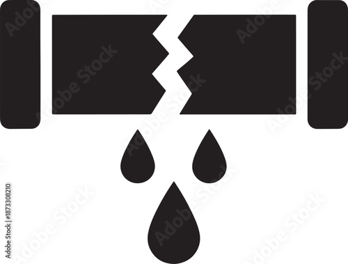 Broken Pipe with Water Leak Drops, Plumbing Damage Symbol