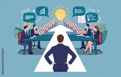 overcoming challenge and obstacle concept, flat vector illustration, teamwork, problem solving, determination, success, minimal design, isolated on white background.