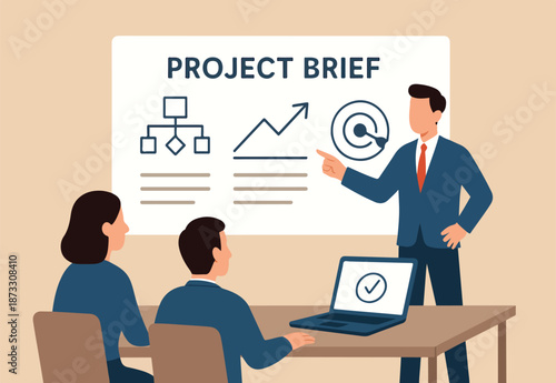 Project briefing, design summary or brief document presentation, business goal strategy or workflow development details, planning concept, businessman present project brief on meeting room whiteboard.
