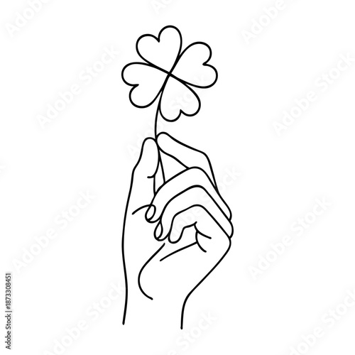 Día de San Patricio. Dibujo sencillo con líneas de mano sujetando un trébol de 4 hojas