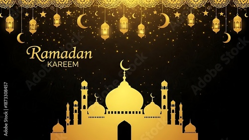 A golden mosque silhouette adorned with crescent moon and stars celebrates Ramadan Kareem at dusk from a front viewpoint