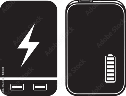 Power Bank Icon with Lightning Bolt and Battery Symbol in Black and White