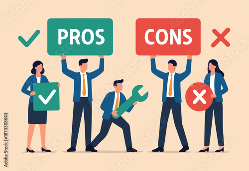 Pros and cons, do and dont or negative vs positive, comparison or advice article, yes or no, good or bad idea concept, business people holding big pros and cons, right and wrong symbols