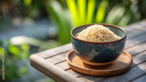 A bowl of rice grains on a wooden table outdoors, natural sunlight, garden background, whole grain healthy food concept
