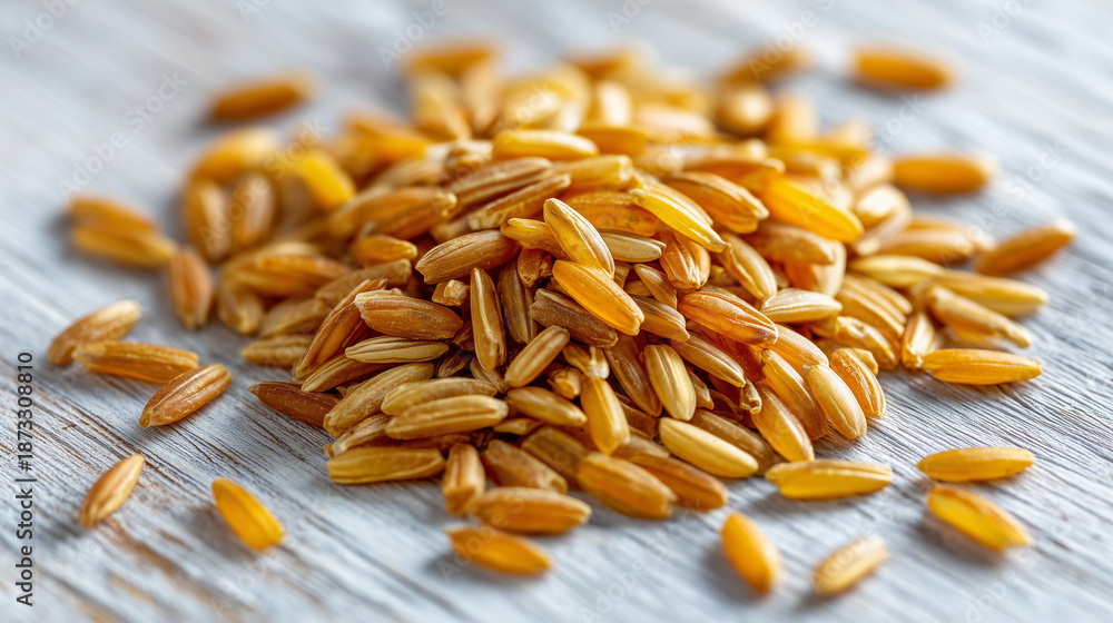 Obraz premium Golden wheat grains on a rustic wooden surface, a warm-toned photo of natural food products representing organic agriculture and healthy eating