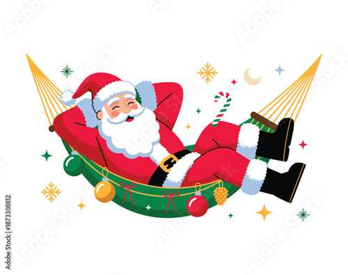 Santa Claus relaxing in a hammock surrounded by festive Christmas ornaments and winter symbols.