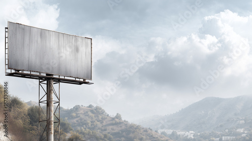 A large, blank billboard mounted on a steel frame, with a cloudy sky and a mountain range in the background, represents advertising space, marketing potential, and opportunities for outdoor media.