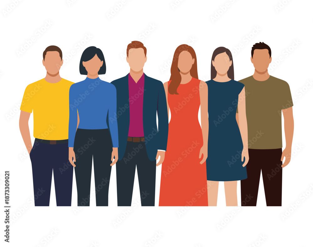 Obraz premium Six diverse people standing together in flat style group diversity women.