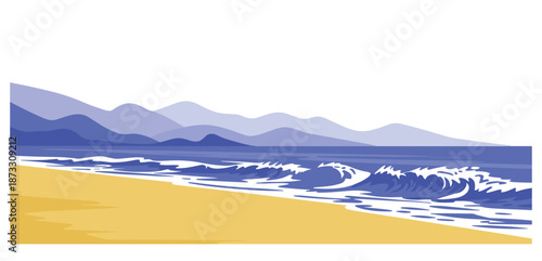 Stylized ocean waves crash on a golden beach with purple mountains in the background.