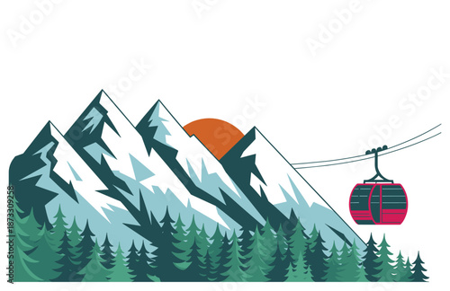 Stylized mountain range with pine trees and a red cable car at sunset snow peak summit ski lift gondola travels.