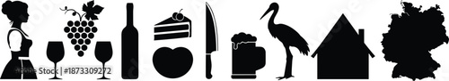 Silhouettes of German cultural icons including food, drink, folklore, traditional attire, architecture, and map for heritage, tourism, and celebration design