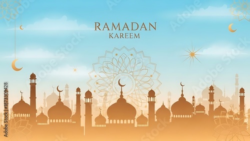 Serene Ramadan Cityscape with Mosques and Crescent Moon under Blue Sky