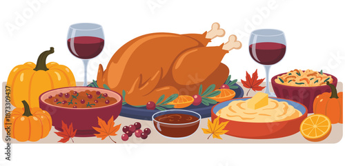 Thanksgiving feast with roasted turkey mashed potatoes cranberry sauce and pumpkins food.